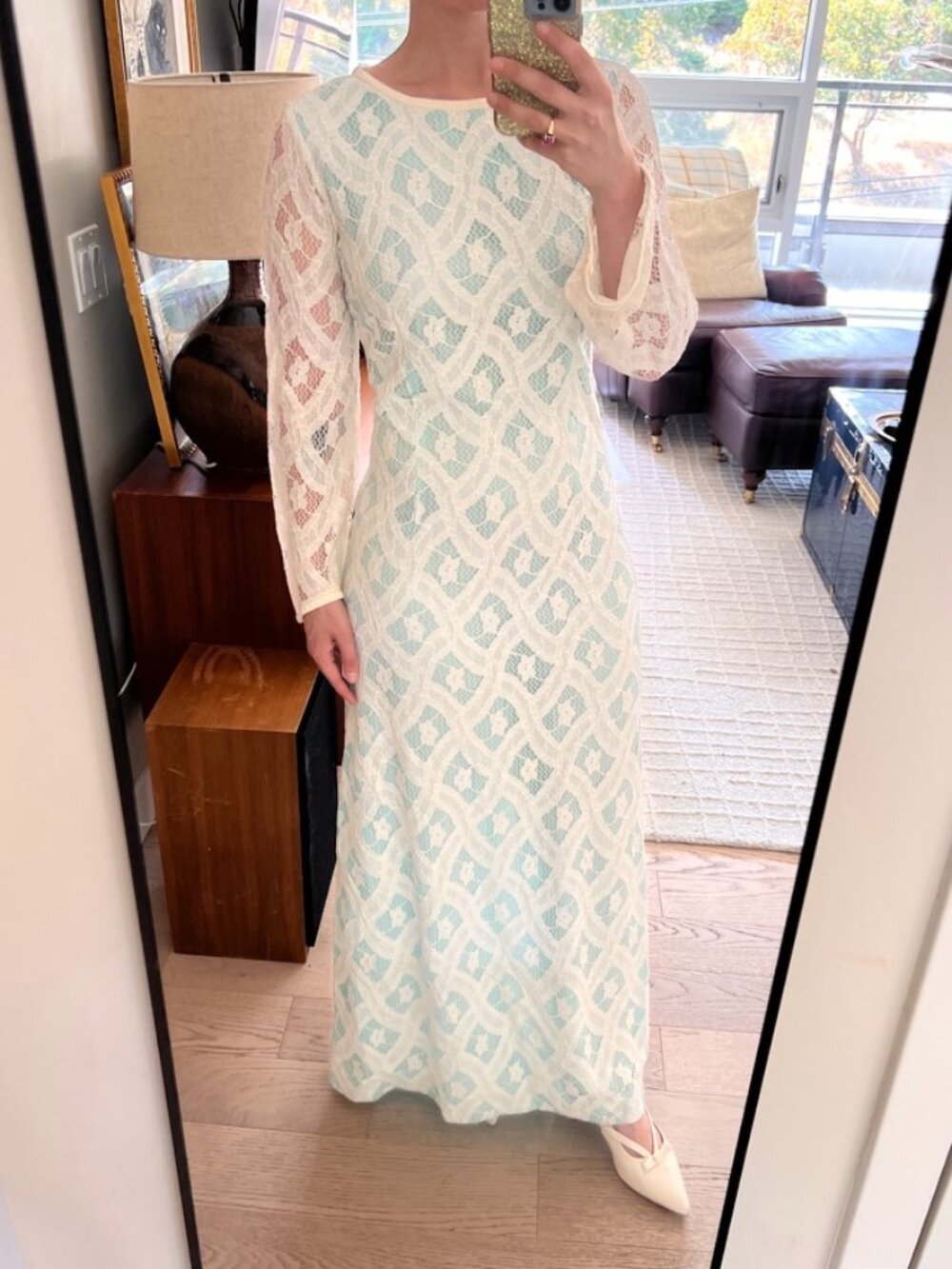 Vintage Ivory Lace & Mint Green Maxi Dress | Long Sleeve Formal Gown